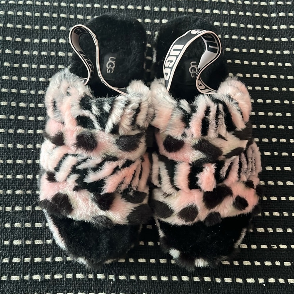 UGG Pink and Black Faux Fur Slide Slippers